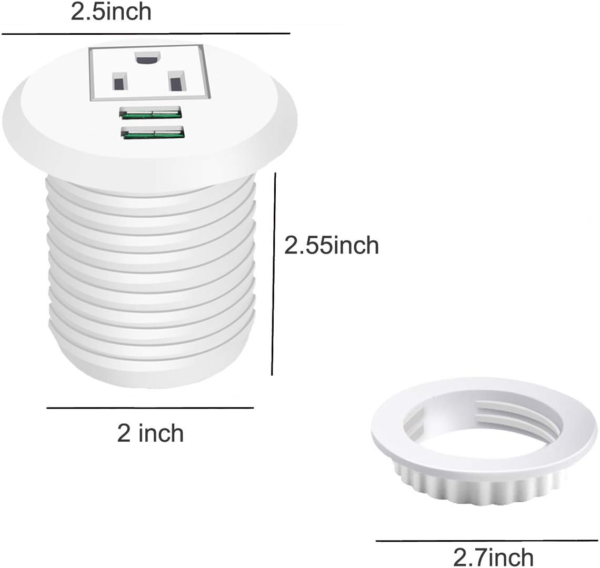 Desktop Power Grommet with USB Ports - 2 Inch Hole, Easy Access to 1 Power Outlet and 2 USB Connections (White) - Image 5